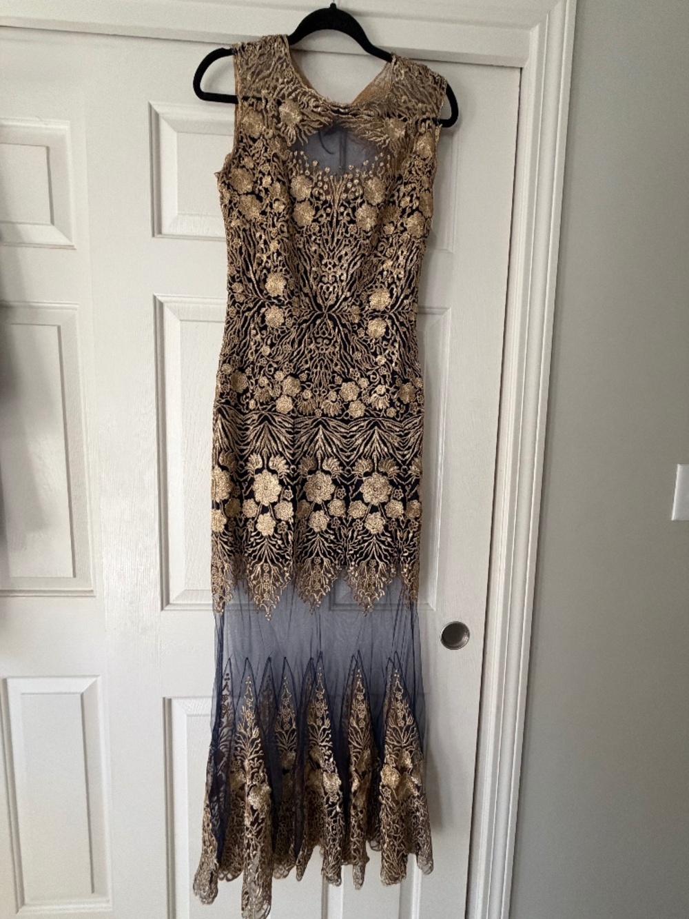 Gold and navy lace maxi dress